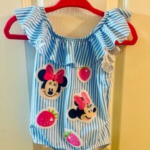 🔥3/$18🔥 NWOT Disney Girls Swim Suit- Blue and White Stripes with Minnie Mouse